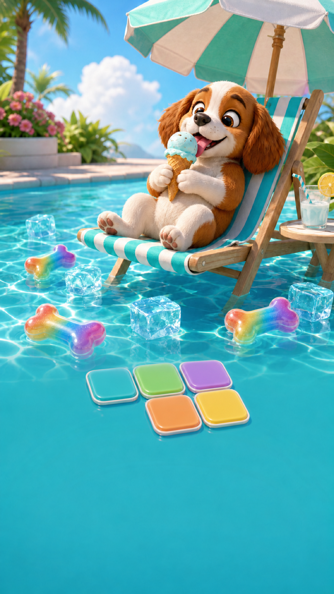 Puppy enjoying ice cream beside a summer pool