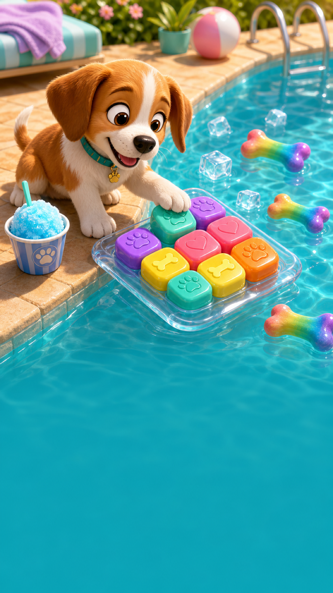 Puppy playing a colorful poolside puzzle